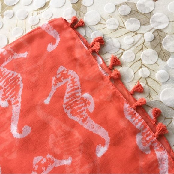 Seahorse Print Tassel Trim Orange Infinity Scarf, nwt - Picture 2 of 5